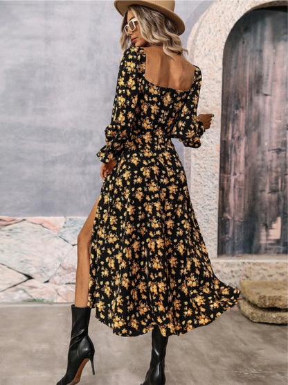 Floral Long Sleeve Square Collar Slit Vacation And Leisure Maxi Dresses