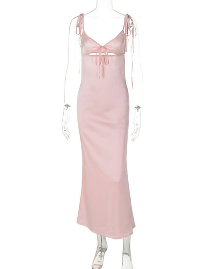 Satin Cross Straps Hollow Out V-neck Sleeveless Maxi Dresses