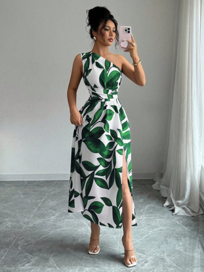Sloping Shoulders Printed Slit Vacation Leisure Maxi Dresses