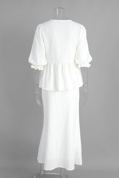 Puff Sleeve Tie-up Ruffle Cotton Shirt Skirt Set