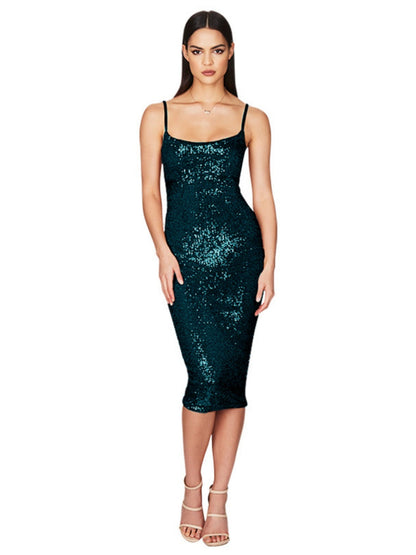 Sequined Backless Halter Dress