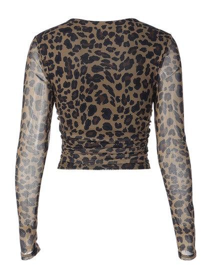 Leopard Print Mesh U-neck Long-sleeved T-shirt