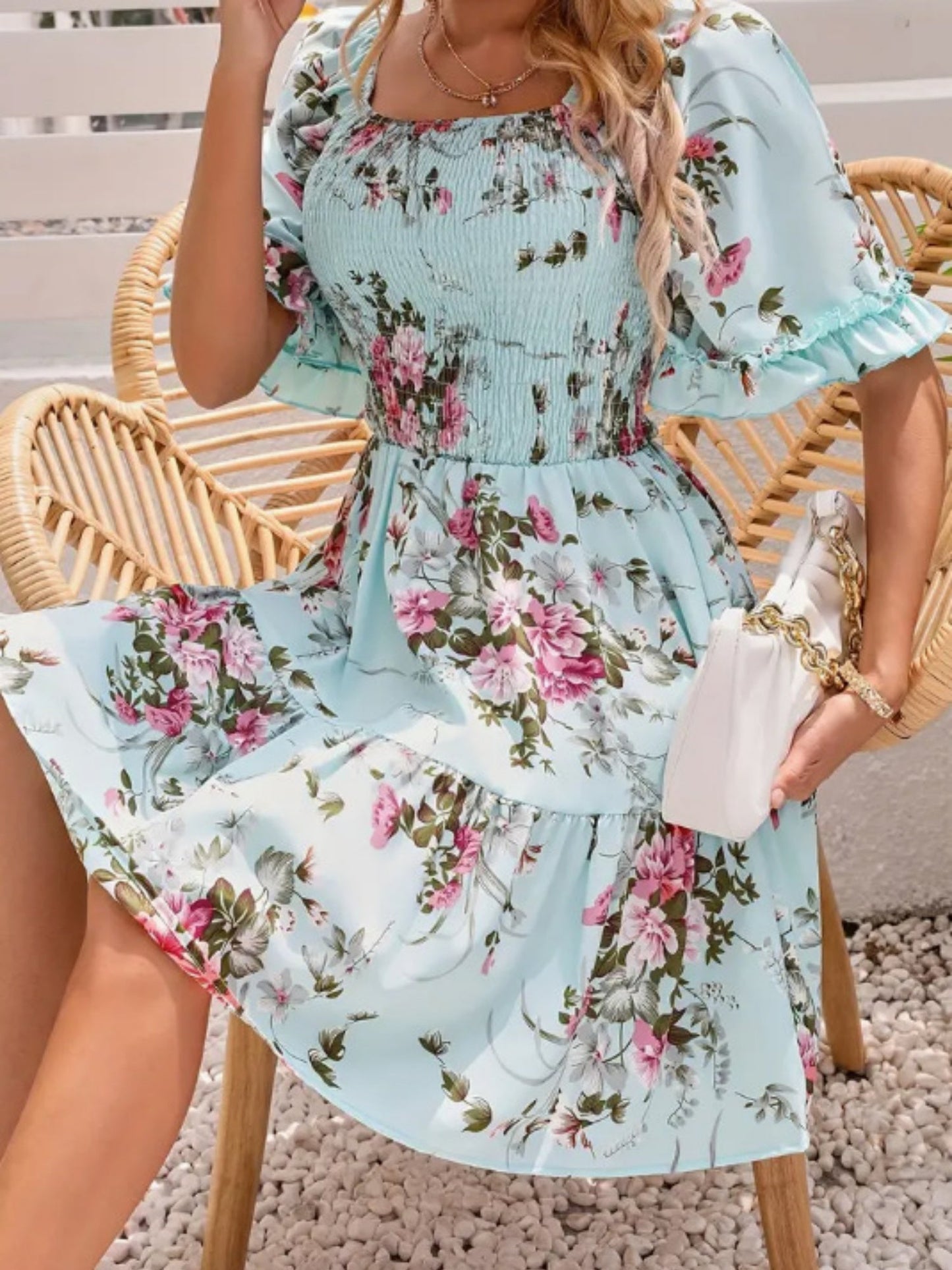 Printed Pleated Square Neck Short Sleeve Mini&Short Dresses