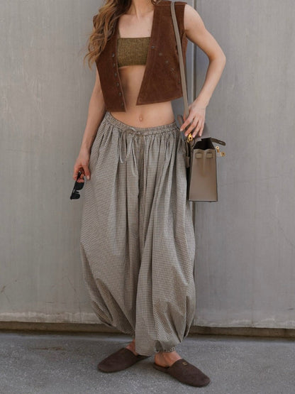 Cotton Blend Lantern Pants Plaid Breathable Leisure Pants
