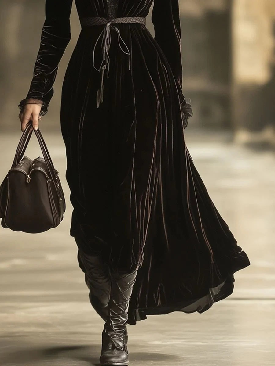 Retro Velvet Lace Stitching Maxi Dresses