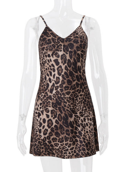 Leopard Print Backless V-neck Suspenders Mini&Short Dresses
