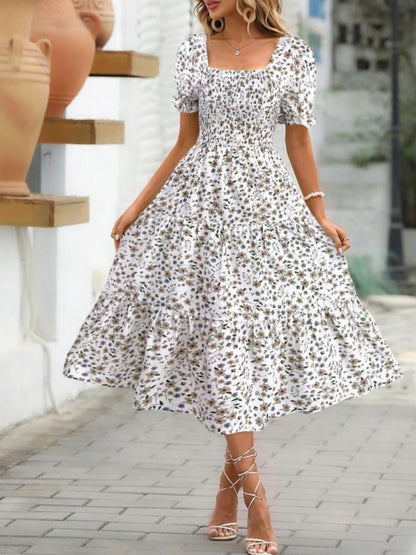 Floral Print Square Neckline And Puff Sleeves Maxi Dresses