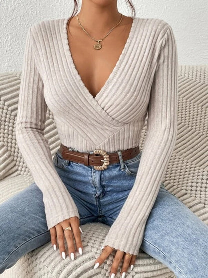 V-neck Crossover Long-sleeved Brushed Ribbed Sweater