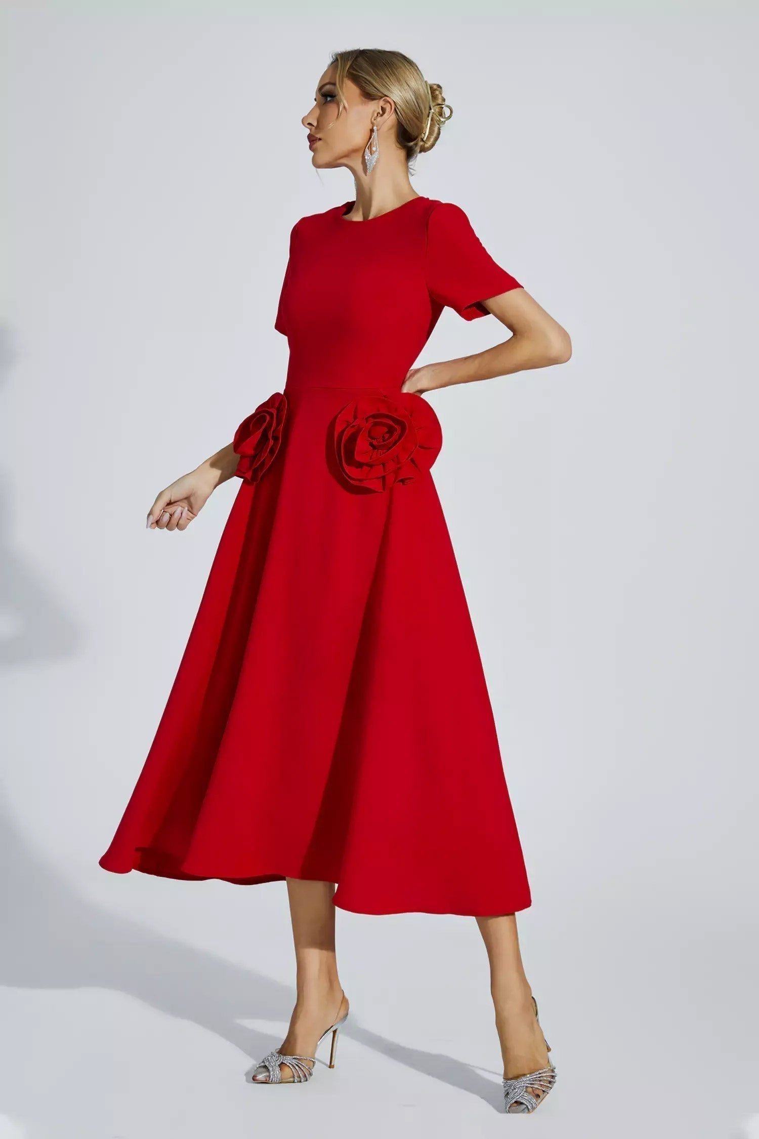 Short Sleeve High Neck A-Line Peplum Side Ruffle Midi Dress