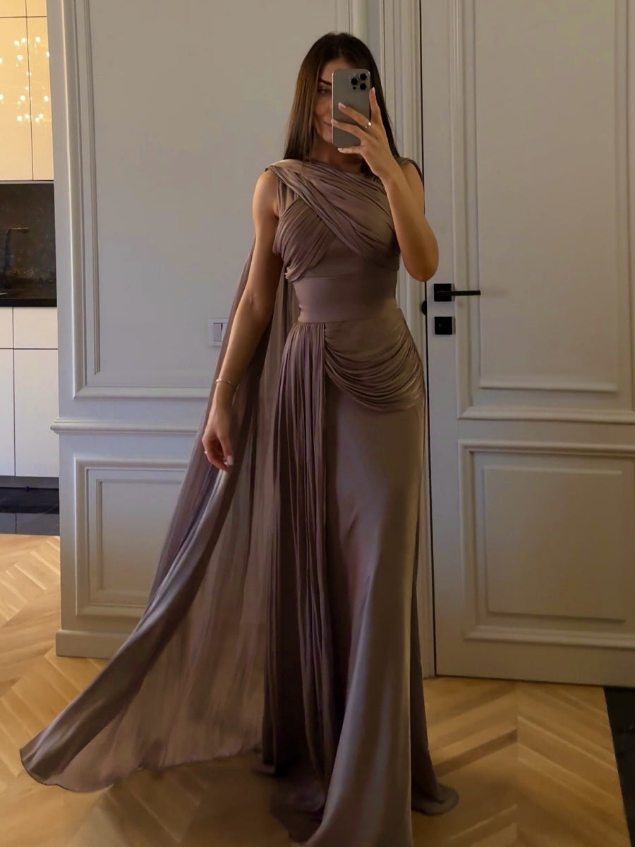 Gray Purple Pleated Ribbon Satin Maxi Dresses