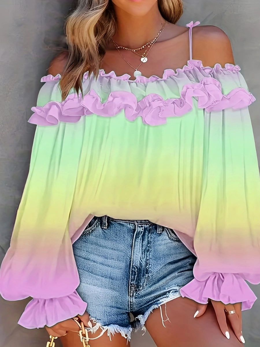 Off-shoulder Color-blocked Gradient Lace T-shirt