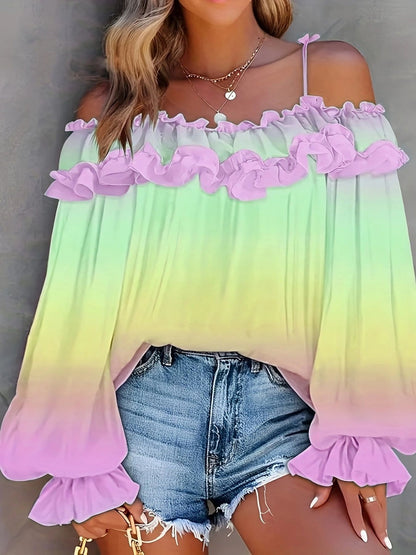 Off-shoulder Color-blocked Gradient Lace T-shirt
