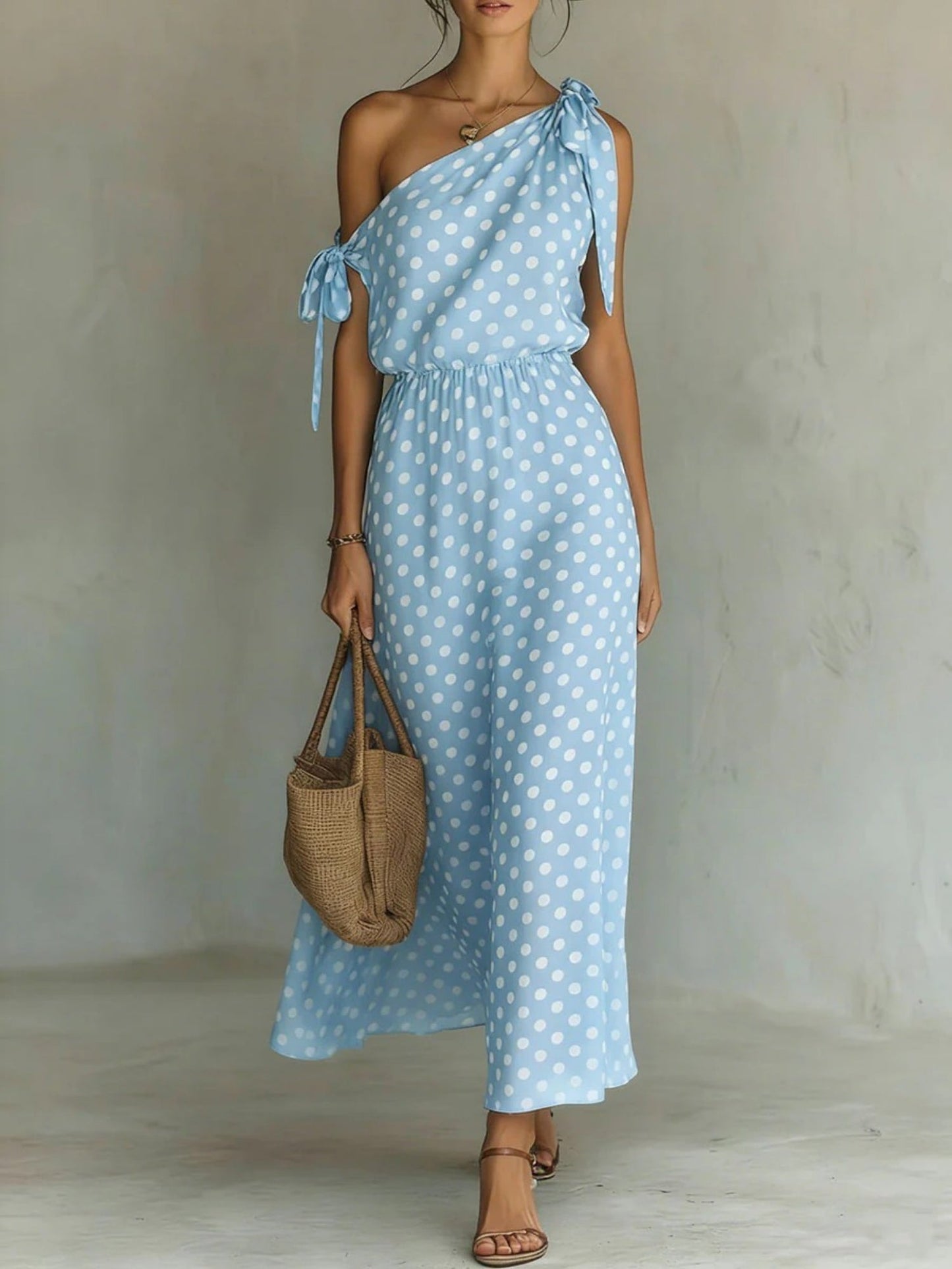 Polka Dots Sloping Shoulders Straps Maxi Dresses
