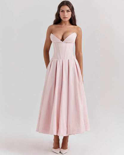 Strapless Deep V Neck Corset Bodice Pleated Fit and Flare Midi Dress