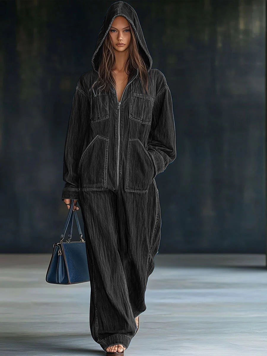 Style Zip-up Hooded Denim Jumpsuit With Large Pockets