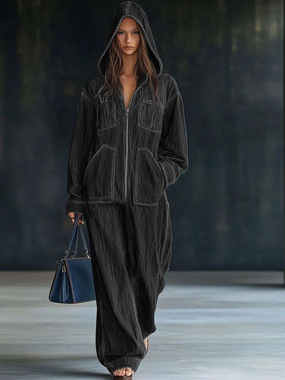 Style Zip-up Hooded Denim Jumpsuit With Large Pockets