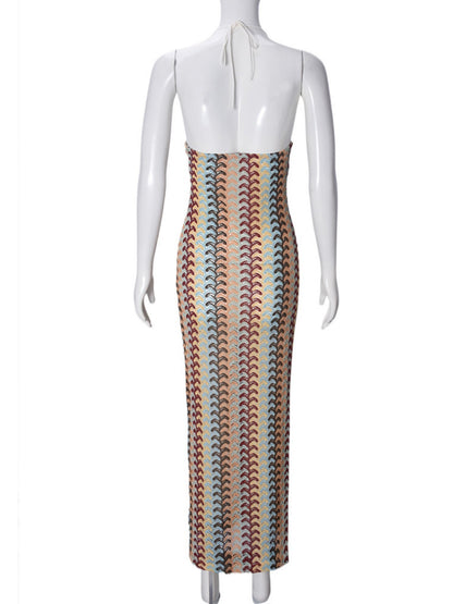 Striped Color Blocking Halter V-neck Maxi Dresses