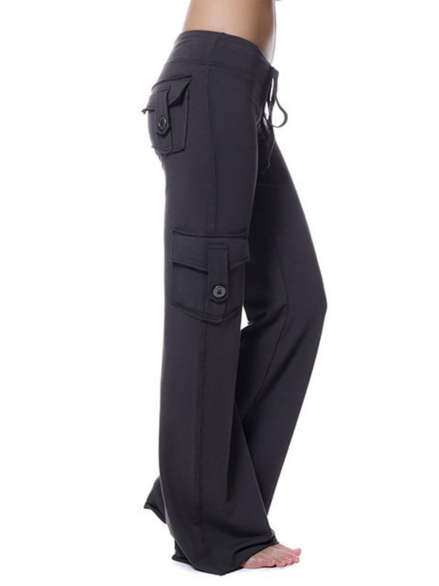 Elastic Waist Buttons Pocket Yoga Pants
