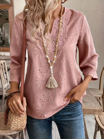 Lace Cutout Chiffon Embroidery V-neck  Flare Sleeve Long-sleeved T-shirt
