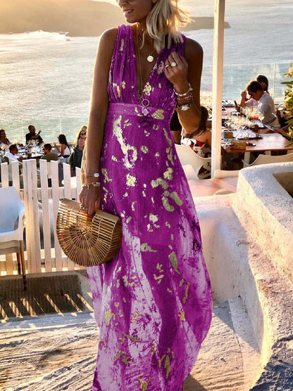 Deep V-Neck Sleeveless Empire Waist Metallic Foil Pleated Maxi Dress