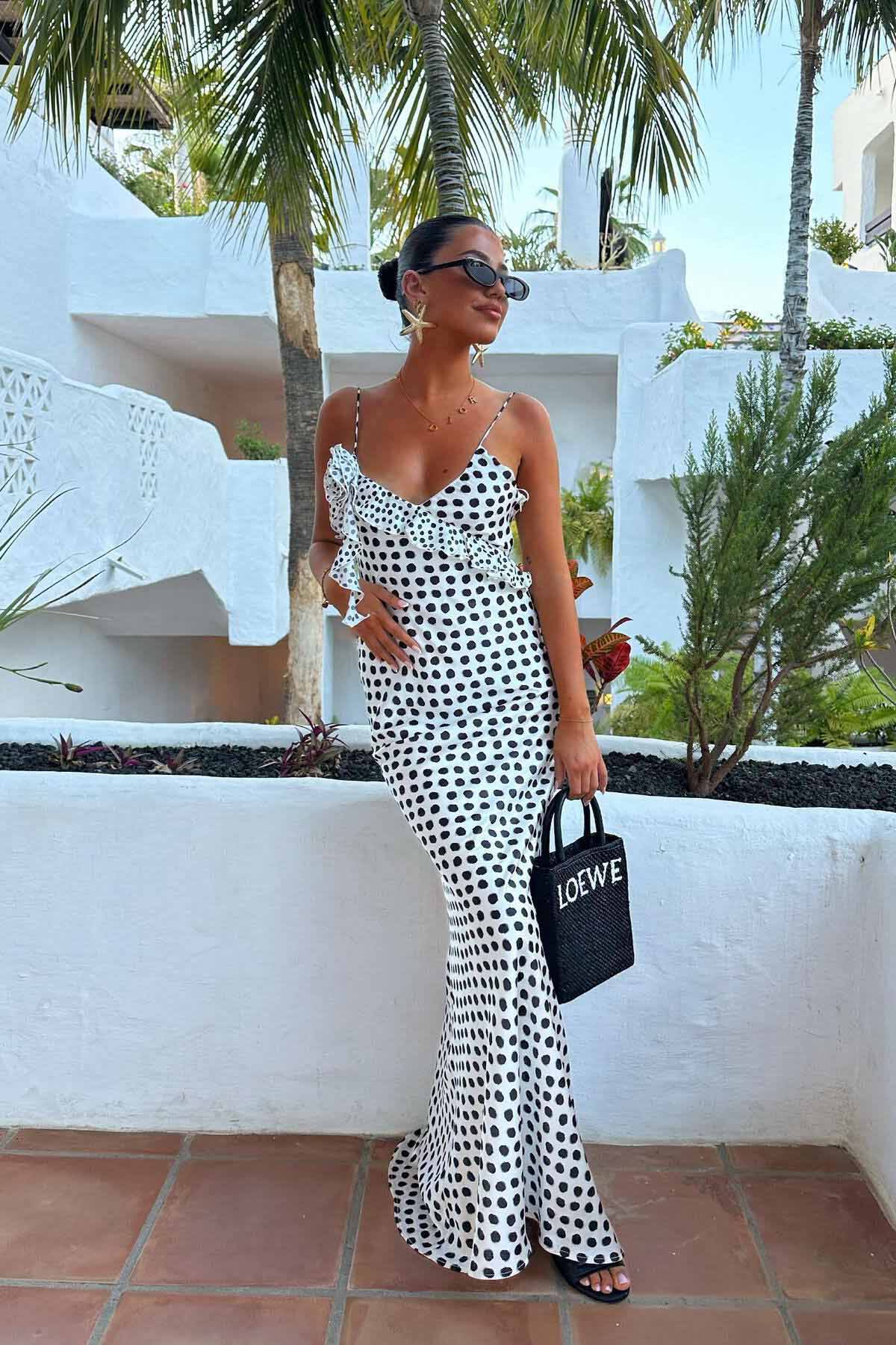 Polka Dot Print Deep V-Neck Asymmetric Ruffle Spaghetti Strap Bodycon Maxi Dress