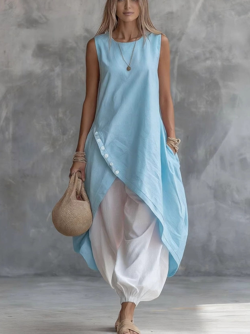 Sleeveless Loose-fitting 2-piece Set With Pockets