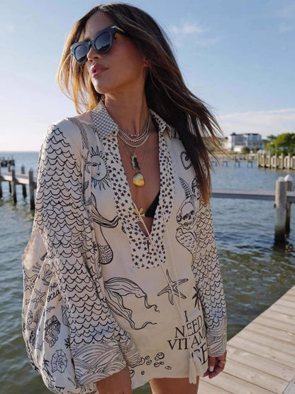 Printed Vacation V-neck Shirt Shorts Set 2-piece Sets
