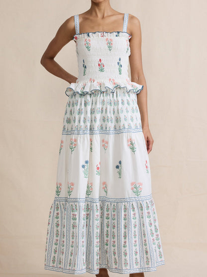 Printed Wavy Edge Spaghetti Strap Long Dress