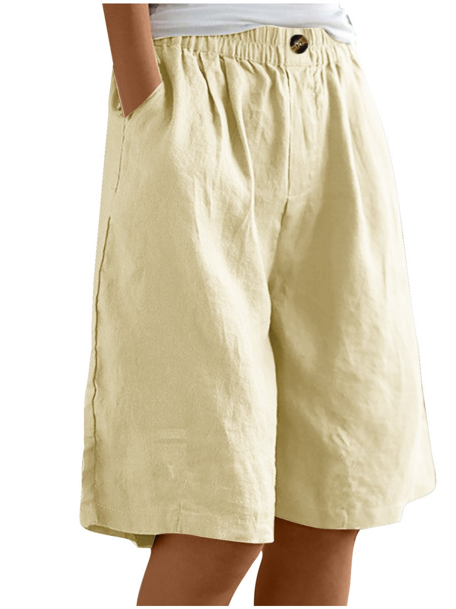 Button-down Cotton Linen Loose High-waisted Five-point Shorts
