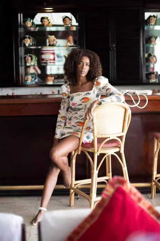 Fish Print Square Neck Puff Sleeve Bodycon Mini Dress