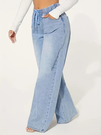 High-waisted Drawstring Loose Wide-leg Jeans