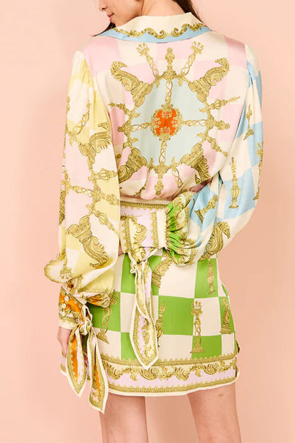 Margovil Long Sleeves Button Up Tie Waist Unique Print Wrap Mini Dress