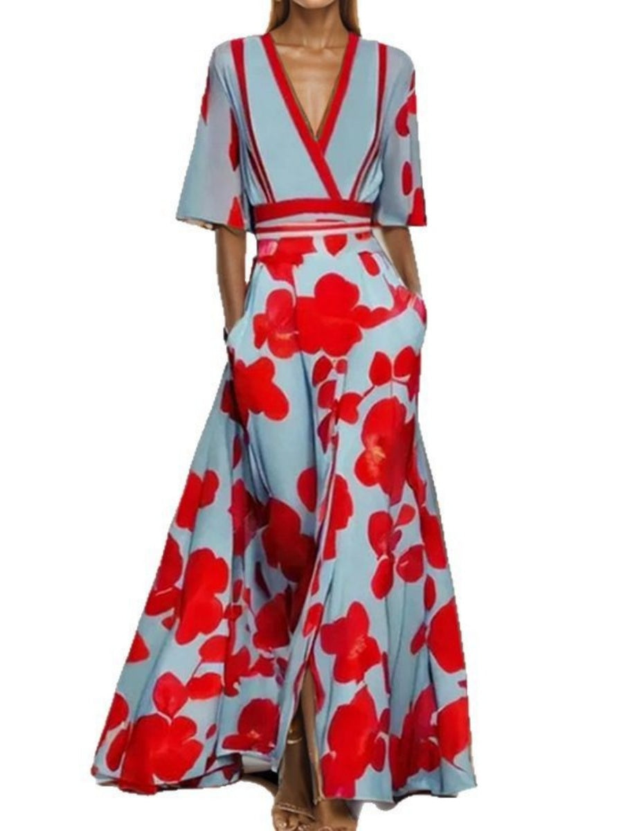 Pattern Printed Temperament V-neck Lace Up Large Skirt Maxi Dresses