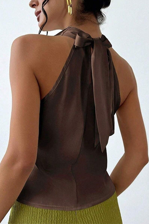 Margovil Cowl Neck Sleeveless Bow Back Satin Top