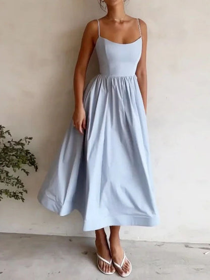 Sexy Fitted Waist Pleated Solid Color Full Skirt Halter Long Dress