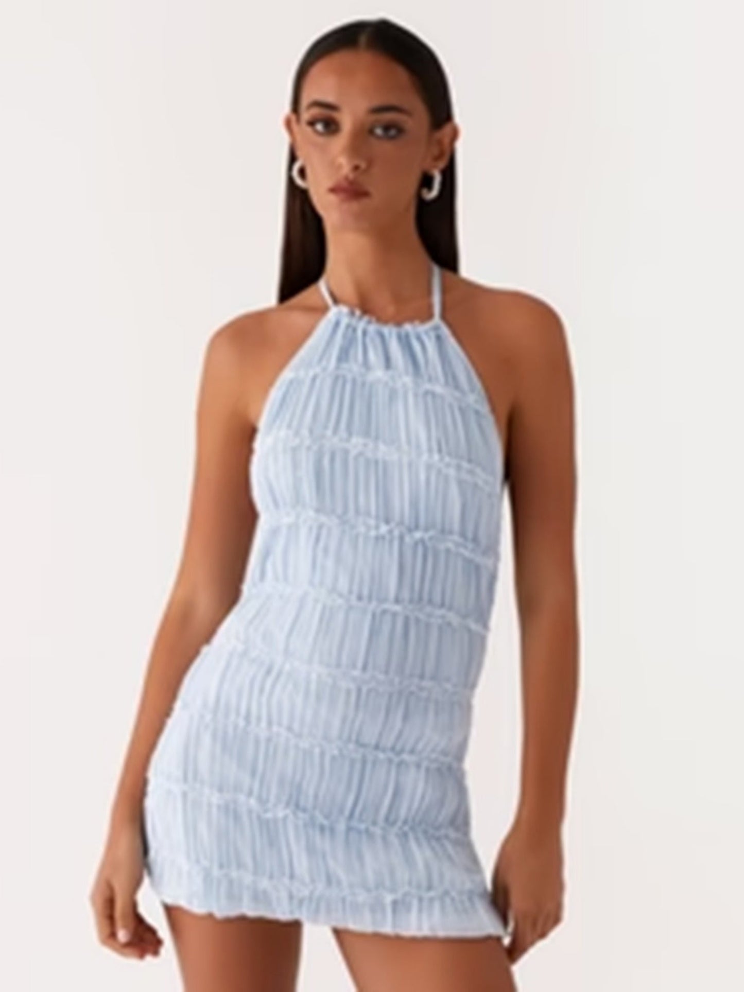 Pleated Halter Neck Strap Exposed Backpack Buttocks Mini&Short Dresses