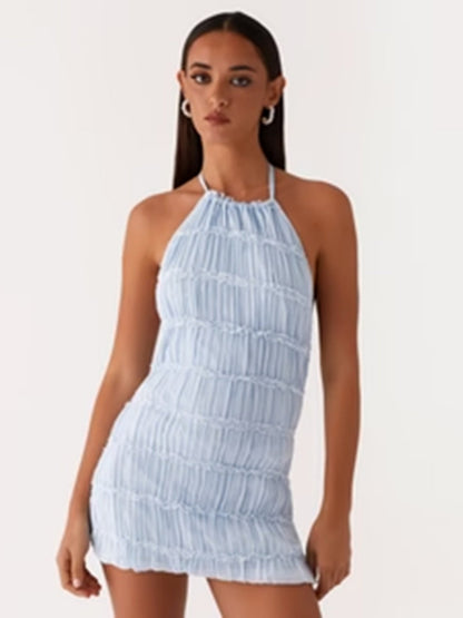 Pleated Halter Neck Strap Exposed Backpack Buttocks Mini&Short Dresses