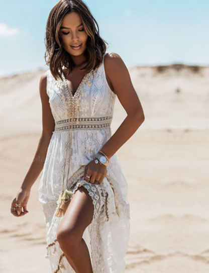 Crochet Lace V-Neck Lace Up Tassel Detail Tiered Boho Maxi Dress