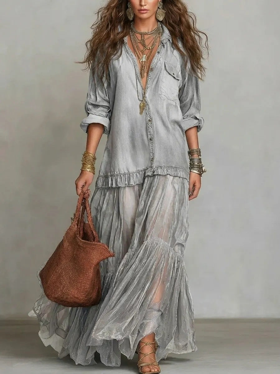 Retro-style Lapel Faux Denim Casual Long Dress With Pockets