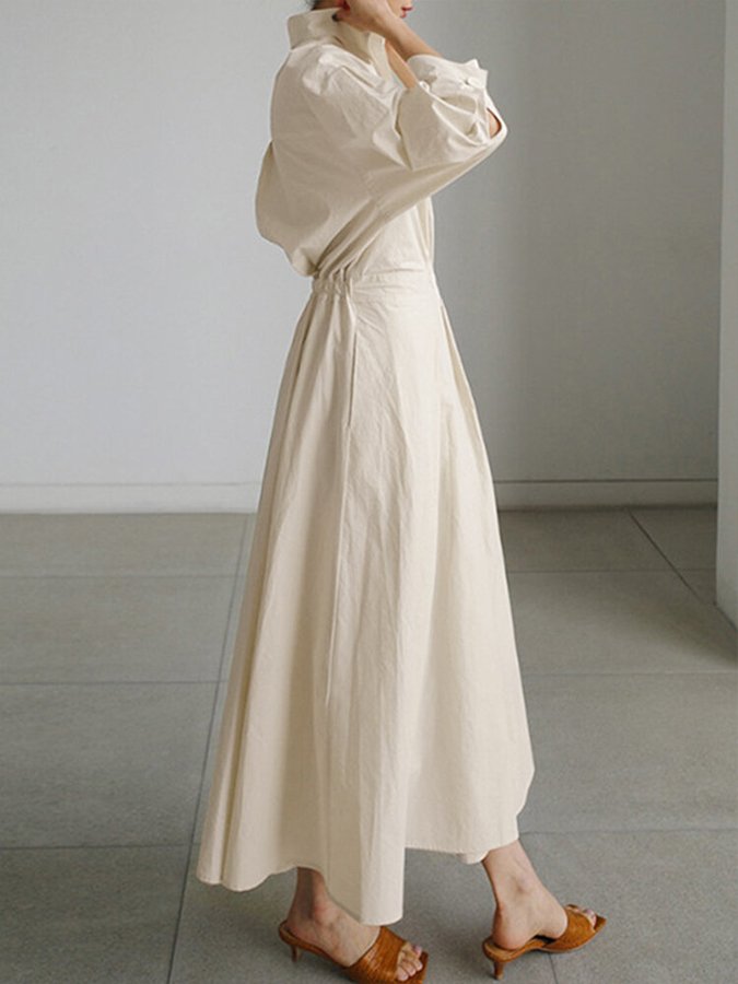Long Sleeve Wrap Front Deep V-Neck Pleated Maxi Shirt Dress