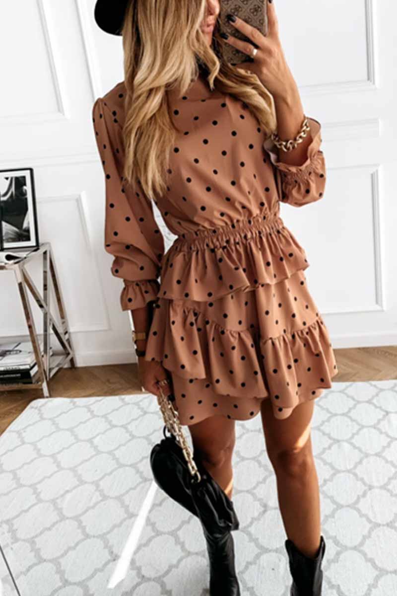 Polka Dot Print Mock Neck Long Sleeve Smocked Waist Tiered Ruffle Mini Dress