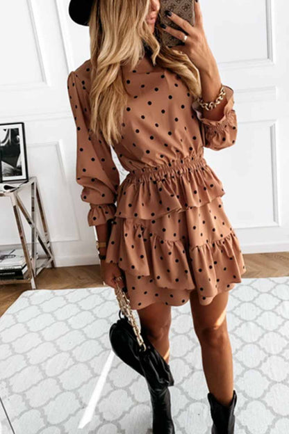 Polka Dot Print Mock Neck Long Sleeve Smocked Waist Tiered Ruffle Mini Dress