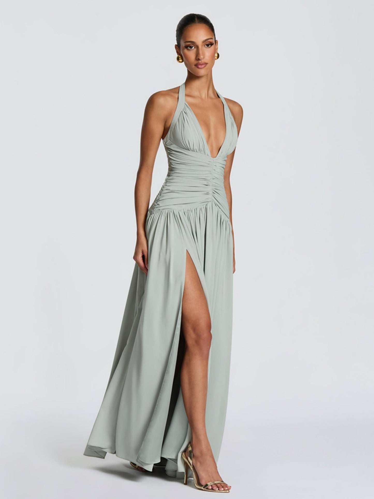 Pleated High Fork Halter Neck And Backless Maxi Dresses