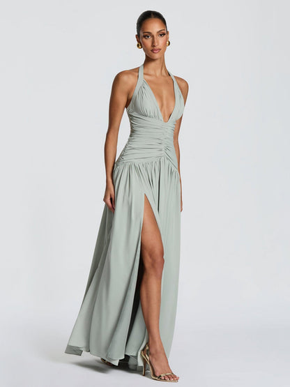 Pleated High Fork Halter Neck And Backless Maxi Dresses