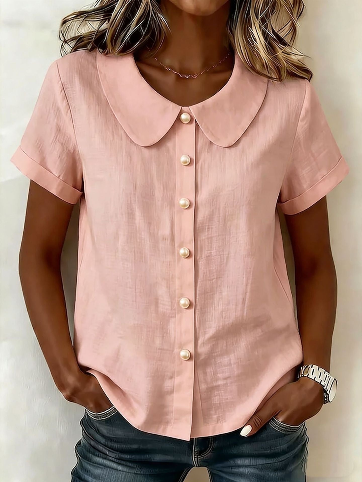 Cotton And Linen Short-sleeved Peter Pan Collar T-shirt