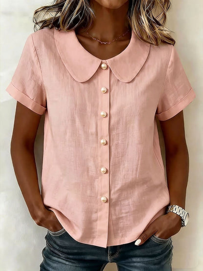 Cotton And Linen Short-sleeved Peter Pan Collar T-shirt