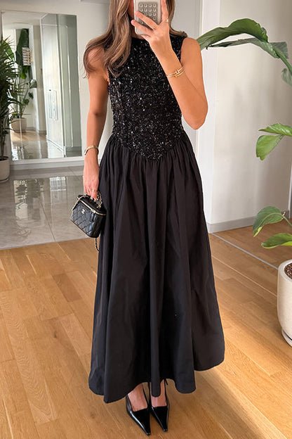 Margovil Crewneck Sleeveless Glitter Sequin Splice Maxi Dress
