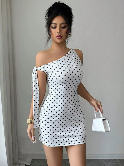 Retro Polka Dots Sloping Shoulders Bandage Hip-hugging Mini&Short Dresses