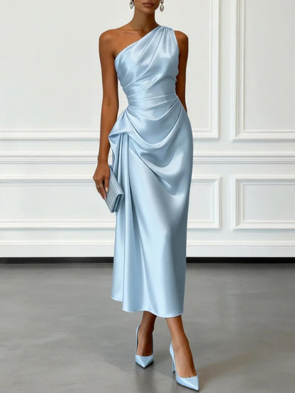 Off-the-shoulder Satin Pleated Midi Dress