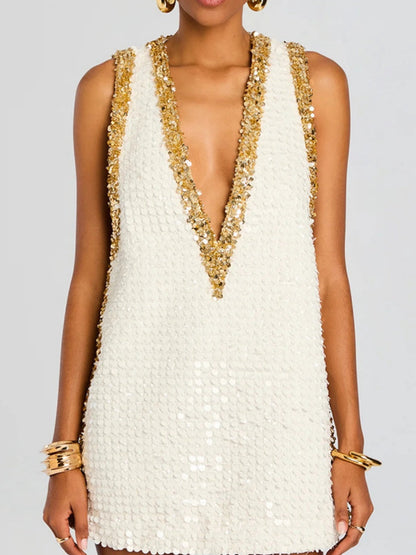V-neck Rhinestone-studded Sleeveless Temperament Grace Parties Mini&Short Dresses